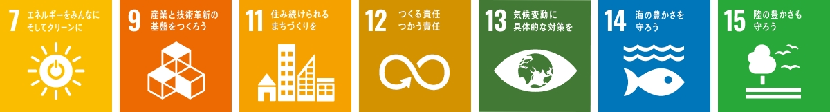 国連総会で採択された、持続可能な開発のための17の国際目標より7つ。7:エネルギーをみんなにそしてクリーンに、9:産業と技術革新の基盤をつくろう、11:住み続けられるまちづくりを、12:作る責任使う責任、13:気候変動に具体的な対策を、14:海の豊かさを守ろう、15:陸の豊かさも守ろう