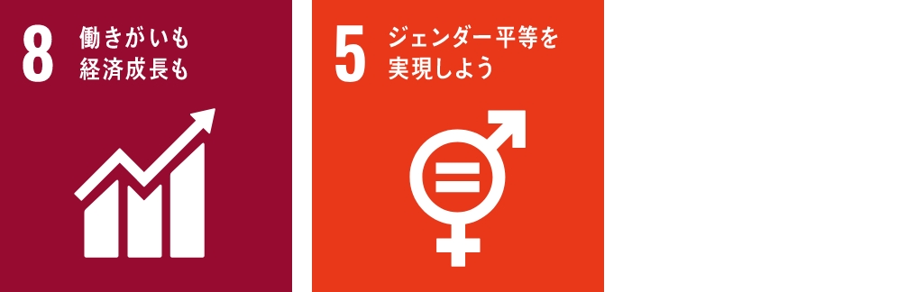 国連総会で採択された、持続可能な開発のための17の国際目標より2つ。8:働きがいも経済成長も、5:ジェンダー平等を実現しよう
